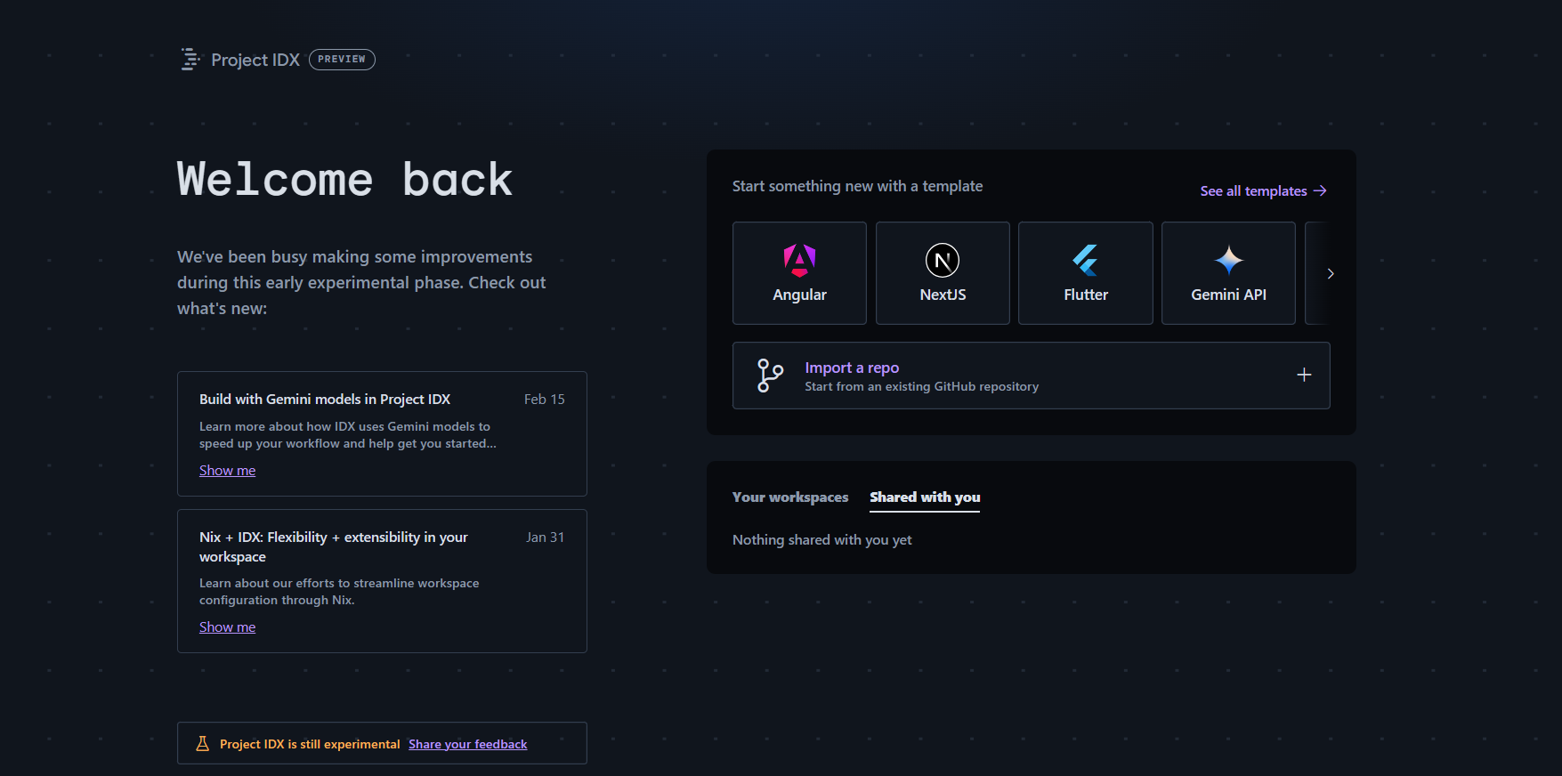 The home dashboard of Project IDX.